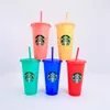 Starbucks 24oz/710ml أكواب بلاستيكية تومل ، غطاء الهدايا القابلة لإعادة الاستخدام شرب الشرب المسطح السفلي لونًا تغيير فلاش أسود كوب أسود