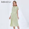 White Loose Shirt Dress For Women Stand Collar Short Sleeve Casual Minimalist Dresses Female Fashion 210520