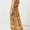 Bohemian Floral Print Tassel Lacing up Spaghetti Strap Dress Yellow Ethnic Woman Stream Pleated Shappy Long Dresses 210429