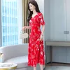 Verão O temperamento Impressão Chiffon Dress V Neck Moda Feminina Mulheres Vermelhas Roupas 210507