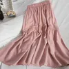 Elastisk hög midja sömming midi vintage kjol sommar mode tunn över-knä koreanska solid färg lång kvinnlig 210420