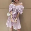 Women Purple White V Neck Puff Short Sleeve Strapless Ruffle Pleated A Line Empire Mini Dress Sweet Summer D2671 210514