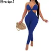Backless Jumpsuit Solid Färg Sexig Klubb Hollow Out Full Length Skinny Womens Jumpsuits Fashion Personliga V Neck Rompers 210513