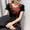 Frauen Baumwolle T-Shirts Kurzarm O-Ausschnitt T-Shirts Sommer Chinesisches Blumenmuster Embriodery Design für Show T03607B 210421