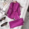 夏の秋の女性のパンツツーピーススーツ紫色のブレザージャケットとズボンスーツオフィスウェアレディーススーツ女性セットサイズS-4XL 211007