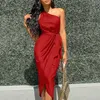 Sexy One Shoulder Satin Midi Dresse Elegant Ruched Lace Up Bodycon Party Summer Sleeveless Slit Red Pink 210623