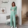 V-länk Long Puff Sleeve Suits Stickad Tvådelad Casual Kvinna Playsuits High Fashion Solid Kvinnor Jumpsuits 210414