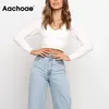 Chique gebreide witte t-shirt vrouwen v-hals mode korte t-shirt lange mouw solide schede lady crop tops mujer camisetas s-m 210413