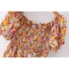 Sommar fransk vintage girly kvadratisk hals olja målning blommig söt puff ärm tunn klänning kvinnlig vestidos mode 210508