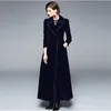 겨울 활주로 디자이너 여성 빈티지 노치 칼라 랩 블랙 벨벳 맥시 코트 두꺼운 따뜻한 긴 트렌치 아웃웨어 210520