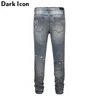 Ícone escuro rasgado revestimento slim encaixe fit alta rua jeans homens fashion rebite no joelho legal jeans jeans homens calças 2 cores 210331