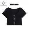 Gothic Punk Metal Buttons Black Crop Tops Women T Shirt Summer Streetwear Basic Tees Sexy Harajuku O Neck Clothing 210515