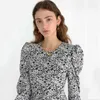 [EAM] Vrouwen Zwart Floral Print Shirring Jurk Ronde hals Lange Puff Sleeve Losse Fit Mode Lente Herfst 1DD7837 21512