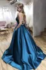 2022 Teal Blue Formal Prom Jurken Avondjurken Spaghetti Criss Cross Backless Satin Open Back Graduation Homecoming Special Occasion Dames