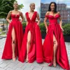 Slit seksi yüksek kırmızı nedime elbiseler kare yaka spagetti kayış cep bir çizgi 2021 kadınlar uzun düğün elbise vestidos