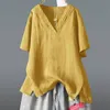 夏の女性Tシャツプラスサイズ半袖カジュアルルーズVネックティーシャツフェムム不規則なビンテージコットンリネントップスD9 210512