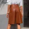 Imitation Leather woman Chic Chain belt Loose Wide Leg PU female Shorts Black Knee-Length Trouser 210414