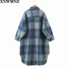 Women Fashion Wool blended plaid coat Vintage With Pockets Check Long Sleeve Button-up Female Woolen Outerwear Chic Overcoat 210520