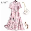 Summer Designers Short Sleeve Pink Floral Print Chiffon Woman Dress Elegant Knee Length Sweet Robe Femme Office Vestidos 210601