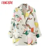 Tangada Women Fashion Fruit Print Blazer Coat Vintage doppio petto manica lunga Capispalla femminile Chic Top DA139 210930