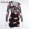 Glamaker شبكة شفافة روز مطبوعة نادي فستان قصير bodycon مثير مصغرة أنيقة مكتب السيدات حزب vestidos الصيف اللباس الجديد 210412