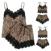 Donne Sleep Wear Wear Sexy Lingerie Satin Lace Neck V-Neck Pantaloncini Camisole Set Leopard Stampa Sleepwear Pigiama Donna Sexy Night Suit Q0706