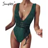 Brilhante mulher verde maiô uma peça bodysuits v pescoço de alto corte swimwear mulheres banhos de banho atadura biquíni mujer 210414