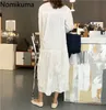 Nomikuma vestidos mujer o nek lace up lange mouw witte jurk vouwen ontwerp casual losse midden kalf jurken vintage mode 3C595 210514