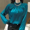 Katı Şifon Bluz Kadın Ofis Bayan Standı Yaka Gömlek Uzun Kollu Zarif Artı Boyutu Kadın Blusas Tops 13027 210508