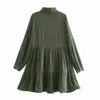 BLSQR Mini abito da donna in puro cotone verde militare casual drappeggiato maniche lunghe solido ed elegante abiti 210430