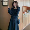 Robe Femme Knitted Patchwork Fake Dress Lantern Sleeve Elegant Autumn Design Square Collar Female Trendy Vestidos 210520