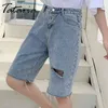 Streetwear halv längd hög midja shorts för kvinnor rakt blå hål denim sommar casual byxor kvinnliga bredben jeans 210514