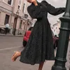 Autumn Vintage black retro dress for women Bow tie Collar Women's Long Sleeve Polka Dot Dress vestidos clothing 210508