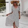 Kvinnor Boho Tryckt Midi med fickor Sommar V Neck Button Up Beach Dress Ruffle Kortärmade Kausalklänningar 210413