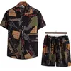 Chemises décontractées pour hommes Chemise hawaïenne à rayures Shorts de plage Ensembles à manches courtes Vintage Bouton Blouse Mens Summer Coton Costume 2 pièces