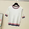 Camiseta feminina de malha camiseta manga curta com decote em O camiseta feminina coreana moda branca fina verão malha feminina camiseta feminina
