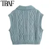 TRAF Women Fashion Bejewelled Buttons Cropped Cable-knit Vest Sweater Vintage Lapel Collar Female Waistcoat Chic Tops 210415