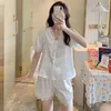 2020 Sommar Silk Satin Kortärmad Sexig Lace V-Neck Shorts Pajama Set för Kvinnor Koreanska Sleepwear Homewear Pijama Mujer Kläder X0526