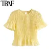 TRAF Women Sweet Fashion Ruffed Pleated Cropped Blouses Vintage O Neck Short Sleeve Female Shirts Chic Tops 210415