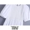 TRAF Women Chic Fashion Smocked Elasitc White Midi Dress Vintage O Neck Puff Sleeve Female Dresses Vestidos Mujer 210415