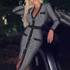 Kobiety Houndstooth Drukowana Guzika Smukła Smukła Elegancka Ol Work Party Dresses 210702