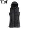 Kvinnor Mode Back Elastic Drawstring Padded Waistcoat Vintage High Collar Zip-Up Hooded Parkas Kvinna Ytterkläder 210507