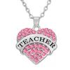 Teamer Clear Blue Pink Crystal Heart Inciso Insegnante Insegnante Collana a sospensione con gioielli di moda a catena di collegamento per il regalo per la giornata dell'insegnante269h