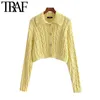 TRAF Women Fashion Rhinestone Buttons Cropped Knitted Cardigan Sweater Vintage Long Sleeve Female Outerwear Chic Tops 210415