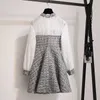 France vintage robe de luxe automne 2019 mode blanc gland à manches longues patchwork plaid tweed bureau dames a-ligne robes Y1006