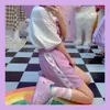 Kawaii meninas algodão roxo shorts verão amor coração impressão retalhos curtos harajuku elástico cintura alta cordão mulheres 210724