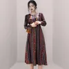 Retro Fashion Ethnic Drukuj Szyfonowa Długie Rękaw Dress Casual Midi Sukienka + Podwójna Kamizelka Breasted Dwuczęściowe Zestaw Kobiety Suit 210518