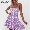 Abito da spiaggia estivo viola con stampa floreale Abito da donna con spalline senza schienale A-line corto Mini abito vintage Flower Holiday 210415