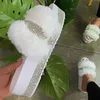 Plush Slippers Ladies Sponge Cake Single-layer Mid-heel Rhinestone Waterproof Platform Thick-bottomed Wool Women Slides Flip Flops Large