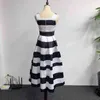 Summer Retro Audrey Hepburn Dress Stripe A line Style Mid Dress Pleated Wine Party Long Striped Dress 210331
